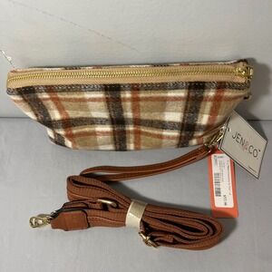 NWT Jen & Co Izzy Plaid Crossbody Bag Tan Red Vegan Wristlet